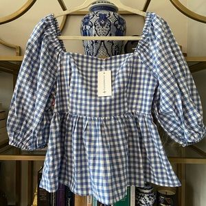 Blue gingham puff sleeve top